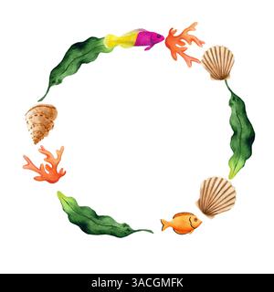 Coraux, algues, coquillages et poissons. Illustration d'aquarelle dessinée à la main sur le thème de la mer. Couronne ronde, cadre, modèle pour le texte. Pour les tirages, les autocollants, la voiture Banque D'Images