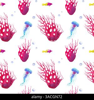 Modèle sans couture avec méduses, poissons, algues, illustration à l'aquarelle sur un fond blanc isolé. Pour textile, tissu, design, carte, affiches, f Banque D'Images