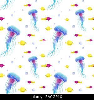 Modèle sans couture avec méduses, poissons, bulles, illustration aquarelle sur un fond blanc isolé. Pour textile, tissu, design, carte, affiches, Banque D'Images