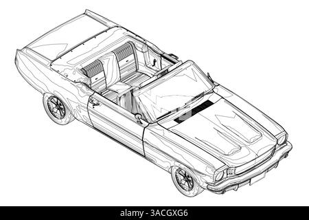 Une voiture est dessinée en noir et blanc. La voiture est un cabriolet avec un toit ouvrant Illustration de Vecteur