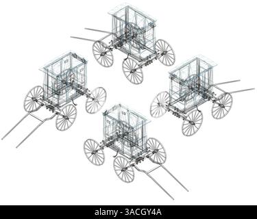 Quatre chariots sont représentés dans une grille, le premier chariot étant à gauche et le quatrième à droite. Vue isométrique. 3D. Illustration de Vecteur