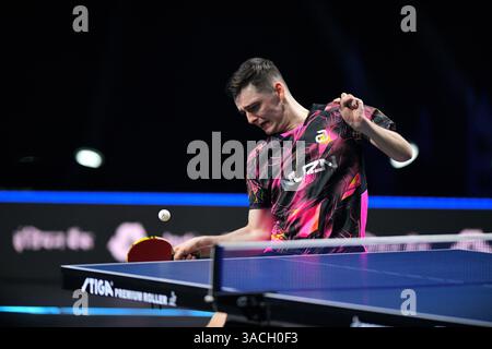 Chennai, Inde. 30 mars 2025. OH Jun-sung, 18 ans, a triomphé du concurrent français Thibault Poret dans un match en simple masculin de sept matchs Banque D'Images