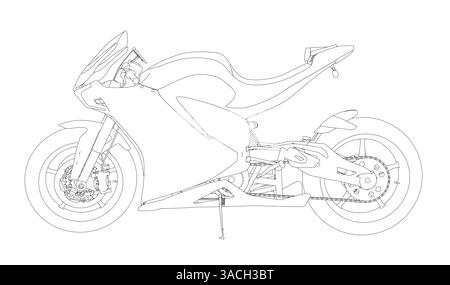 Dessin noir et blanc d'une moto. La moto est montrée de manière très détaillée, avec chaque partie clairement visible. L'image a un v Illustration de Vecteur