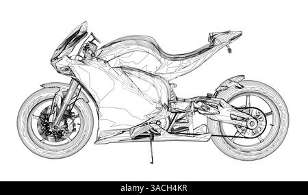 Une moto est représentée en noir et blanc. La moto est un concept bike. Le vélo est conçu pour être élégant et moderne, avec un accent sur l'aérodynamisme Illustration de Vecteur