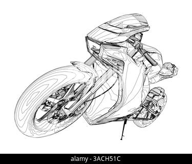 Dessin noir et blanc d'une moto avec une grande roue avant. La moto est représentée de manière stylisée, avec la roue avant prenant un grand Illustration de Vecteur