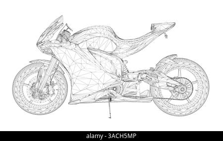 Une moto est représentée par une illustration en noir et blanc. La moto est montrée d'une manière très détaillée et complexe. L'illustration représente un moteur Illustration de Vecteur