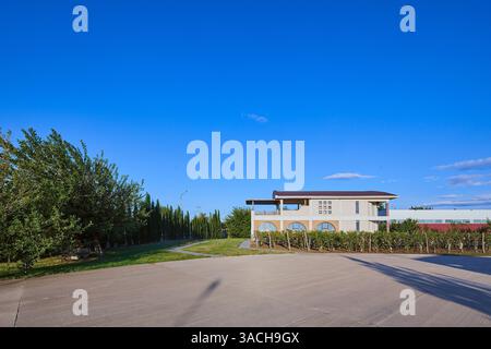 Conception architecturale moderne d'une maison de deux étages entourée d'une végétation luxuriante et ciel bleu clair, parfait pour la détente et les activités de plein air dans un Banque D'Images