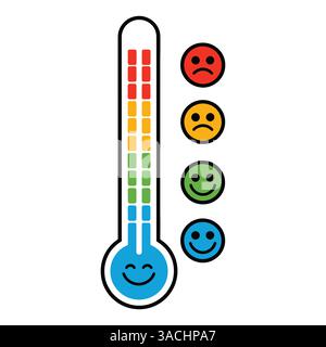 Icônes de thermomètre de dessin animé mignon. Illustration vectorielle plate de thermomètres avec différentes émotions, représentant des températures chaudes et froides. Parfait pour Illustration de Vecteur