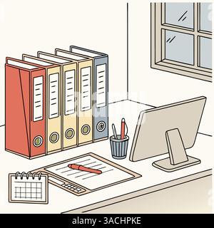 Dessin montrant des fichiers dans des classeurs dans un environnement de bureau Illustration de Vecteur