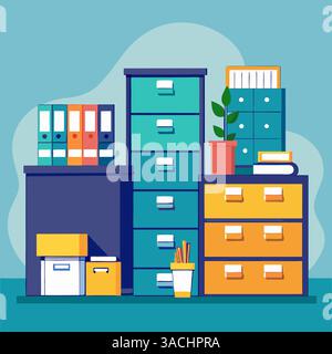 Dessin montrant des fichiers dans des classeurs dans un environnement de bureau Illustration de Vecteur
