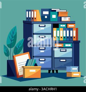 Dessin montrant des fichiers dans des classeurs dans un environnement de bureau Illustration de Vecteur