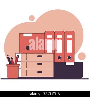 Dessin montrant des fichiers dans des classeurs dans un environnement de bureau Illustration de Vecteur