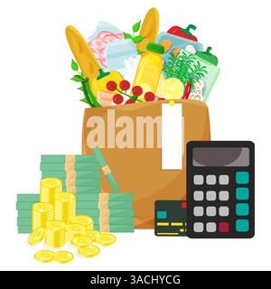 Concept vivant. Infographie illustration vectorielle sac en papier avec des produits d'épicerie, calculatrice, carte de crédit et argent comptant avec des piles de pièces de monnaie. Coût de la vie infla Illustration de Vecteur