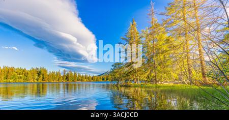 Lac de montagne en été. superbe paysage naturel extérieur. Forêt de pins avec de grands arbres sur le rivage reflétant dans l'eau claire. nuages de ciel bleu profond Banque D'Images