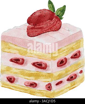 Illustration à l'aquarelle d'une tranche carrée de sablé à la fraise avec un gâteau éponge jaune clair, remplissage blanc crémeux parsemé de tranches de fraise rouge Illustration de Vecteur