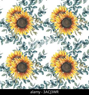 Motif floral de tournesol sans couture avec des fleurs jaunes et des feuilles vertes illustration aquarelle. Fond floral de jardin pour la conception saisonnière d'automne. W Banque D'Images