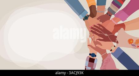 Des mains empilées de personnes diverses. Travail d'équipe coopération communautaire inclusion diversité et accord entre collègues concept Illustration de Vecteur