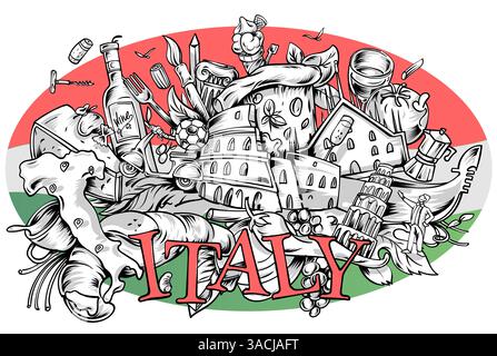 Symboles italiens de vecteur dessinés à la main sur fond illustration dessinée à la main. Illustration de Vecteur