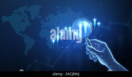 Main avec loupe et graphique boursier sur la carte du monde numérique Illustration de Vecteur
