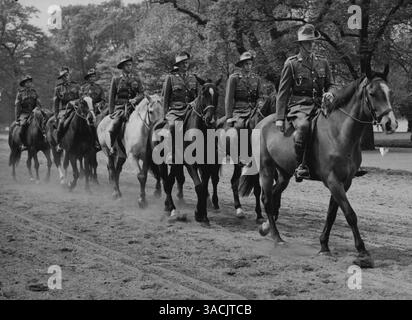 Couronnement australien ***** Montez dans la rangée des membres du détachement Australian Light Horse pour faire partie de l'escorte montée officielle au Coronation Riding à Rotten Row, Hyde Park, Londres, ce jour-là (vendredi). Chaque cavalier porte des plumes de kanga - caractéristique kaki de cocarde curling sur le chapeau ample à large bord, les « plumes de kangourou » - introduites en Grande-Bretagne par le Light Horse australien pendant la première Guerre mondiale - proviennent en fait de l'emu, le 6 pieds. Oiseau sans vol qui se tient en face du kangourou sur les armoiries australiennes. 8 mai 1953. (Photo de Reuterphoto). Banque D'Images
