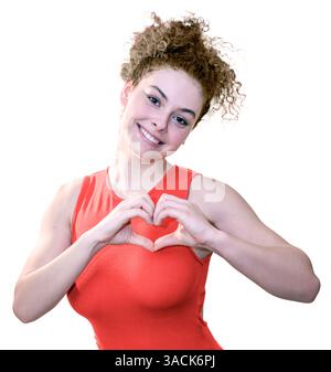 Une femme souriante dans une robe rouge fait une forme de coeur avec ses mains Banque D'Images