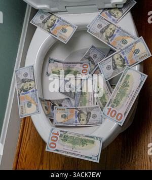 Une toilette est remplie d'argent, y compris des billets de cent dollars. Un concept de jeter de l'argent dans les toilettes, une phrase signifiant gaspiller de l'argent. Banque D'Images