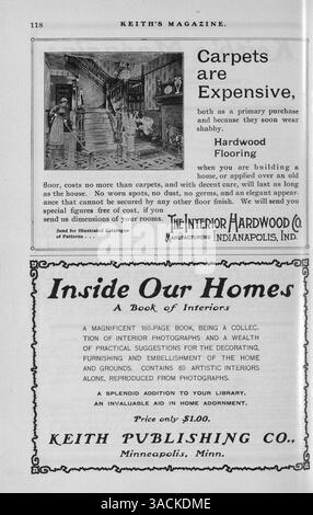 Keith's Magazine, une publication mensuelle de 1901 par Walter J. Keith, présente des conceptions de maisons, des plans d'étage et des estimations de coûts. Le magazine comprend des articles sur la construction de maisons, la décoration intérieure et l'aménagement paysager, ainsi que des annonces pour les matériaux et l'ameublement. Certains numéros comportent des plans pour les églises et les écoles. Banque D'Images