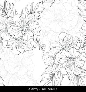 Vecteur sans couture motif Hibiskus bouquet avec feuilles de palmier. Fleur lumineuse, illustration botanique tropicale. Été exotique, flore élégante. Noir Illustration de Vecteur