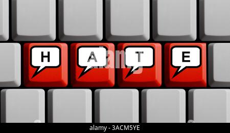 Haine - tout sur la haine et les commentaires de haine sur Internet - concept de médias sociaux avec des bulles de parole sur un clavier rouge Banque D'Images