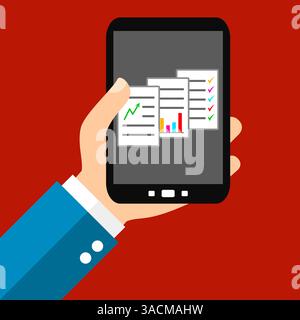 Main avec smartphone : rapports annuels, études et bilans - Flat Design Banque D'Images
