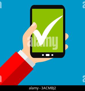 Main avec smartphone : symbole de coche - design plat Banque D'Images