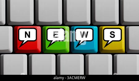 Clavier d'ordinateur coloré avec bulles de parole montre des nouvelles en ligne Banque D'Images