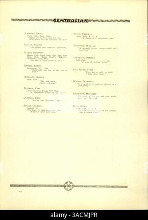 Cet annuaire 'Centralian' 1923 présente un aperçu détaillé du lycée central pendant l'année scolaire 1922-1923/09. Il comprend les étudiants, les professeurs, l'athlétisme, les clubs et les événements, tout en mettant également l'accent sur l'histoire afro-américaine dans la culture et la communauté de l'école. Banque D'Images