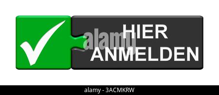 Bouton de puzzle isolé fait de deux parties vert et noir avec le symbole de coche montre Connectez-vous ici Banque D'Images