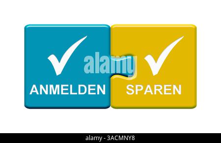Le bouton puzzle isolé composé de deux parties avec un symbole de coche affiche la connexion et l'enregistrement Banque D'Images