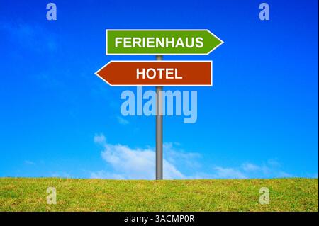 Panneau sur les points de prairie en direction de la maison de vacances ou de l'hôtel Banque D'Images