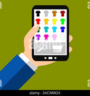 Main avec smartphone : magasin de mode - design plat Banque D'Images