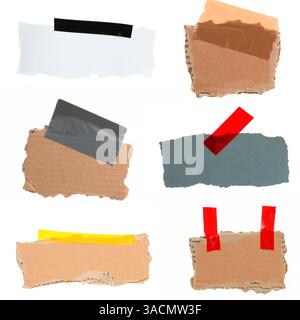 Collection de 6 pièces de carton isolées différentes avec du ruban adhésif coloré Banque D'Images