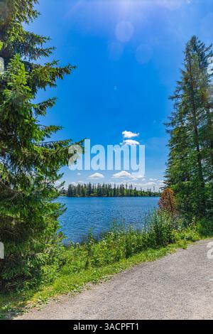 Lac de montagne entouré de sommets et de verdure luxuriante, eau claire du lac reflétant le paysage serein, vue paisible et pittoresque, ciel heureux ensoleillé Banque D'Images