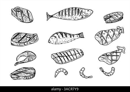 Illustration vectorielle de jeu de fruits de mer grillés peinte par des encres noires. Bifteck de poisson, filet, poisson entier, calmars habillé et croquis de crevettes Illustration de Vecteur