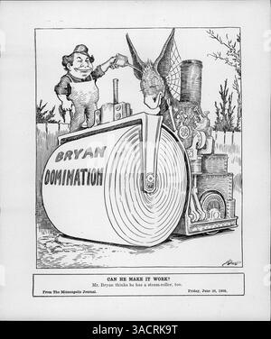 Caricature politique représentant William Jennings Bryan avec un rouleau à vapeur, faisant référence à la convention du GOP de 1912 et au concept de domination politique. La bande dessinée contraste avec humour les espoirs de Bryan avec la force de la campagne de Taft. Banque D'Images
