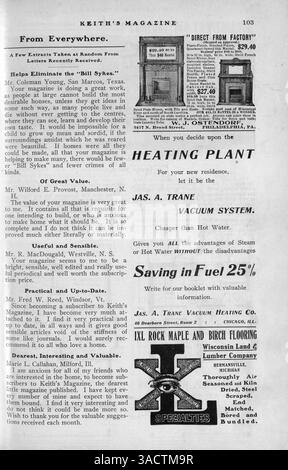 Le Keith's Magazine de Walter J. Keith, publié pour la première fois en 1903, fournit des plans détaillés, des plans d'étage et des coûts de construction pour une variété de styles de maison. Le magazine présente également des articles sur la construction de maisons, la décoration intérieure et l'aménagement paysager, ainsi que des publicités pour les matériaux de construction. Certains numéros contiennent des plans pour les églises et les écoles. Les pages manquantes sont notées dans plusieurs volumes. Banque D'Images