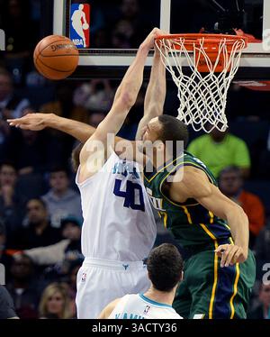 6 janvier 2012 - Charlotte, NC, États-Unis - Charlotte Hornets Center Cody Zeller, à droite, semble avoir perdu la tête alors que le Utah Jazz Center Rudy Gobert, à droite, va pour un bloc lors de la première mi-temps d'action le lundi 18 janvier 2016, au Time Warner Cable Arena à Charlotte, N.C. (crédit image : © Jeff Siner/TNS via ZUMA Wire) Banque D'Images