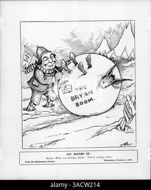 Caricature politique représentant William Jennings Bryan faisant rouler une boule de neige représentant le Parti démocrate, avec des références à la Convention démocratique de 1908 et à la dynamique politique de l'époque. Banque D'Images