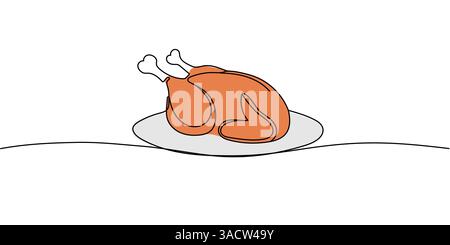 Dinde ou poulet une ligne art, dessin de contour continu de viande de volaille frite, cuisine traditionnelle de Thanksgiving dessinée à la main, contour de plat chaud festif de Illustration de Vecteur