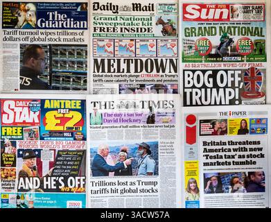4 avril 2025. Une sélection de titres de journaux britanniques donnent leur opinion sur les tarifs américains de Trump. Banque D'Images
