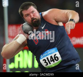 POUR LE SPORT - les comeptes américains Christian Cantwell dans le tir masculin mis sur le premier jour d'athlétisme aux Jeux Olympiques de Beijing 2008 vendredi 15 août 2008 à Beijing, Chine. Cantwell a reçu la médaille d'argent (crédit image : San Antonio Express-News/ZUMAPRESS.com) Banque D'Images