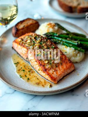 Délicieux saumon grillé avec sauce pistache et légumes d'accompagnement dans l'assiette Banque D'Images