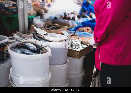 Une femme âgée au marché aux poissons Banque D'Images