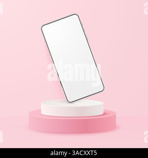 Maquette de smartphone blanc réaliste sur podium. téléphone portable 3d avec écran blanc vierge. Modèle de téléphone cellulaire vectoriel moderne sur fond rose. Ilustreti Illustration de Vecteur
